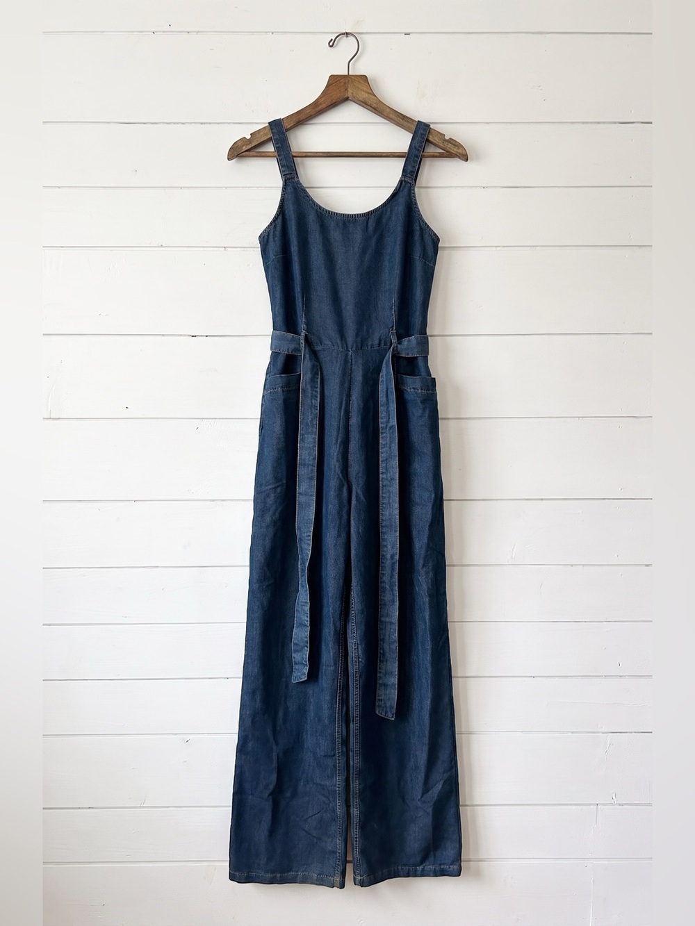 Denim Jumpsuit Wide Leg Tie Waist Sleeveless Size Small